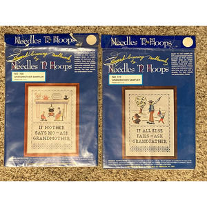 Lot of 2 Cross Stitch Needles N Hoops Grandmother/ Grandfather Sampler 177 / 166